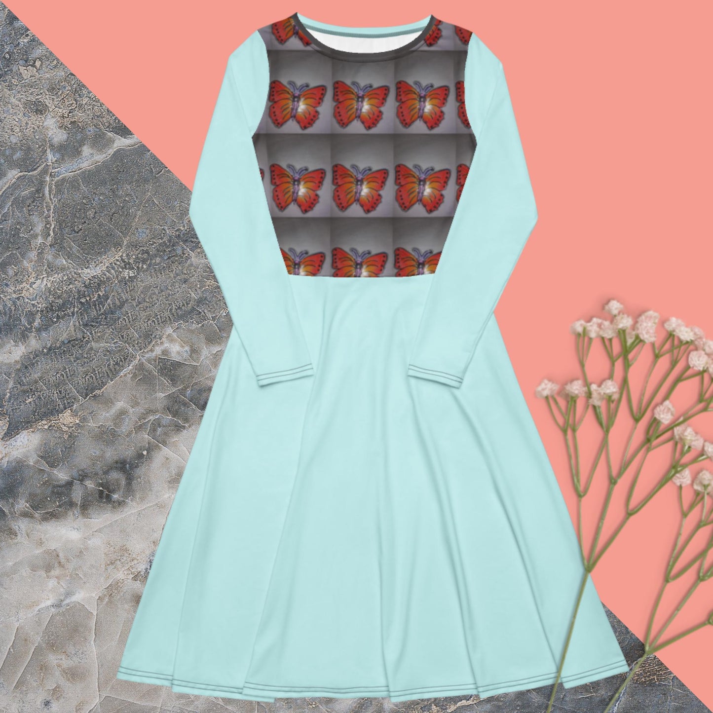 All-over print long sleeve midi dress