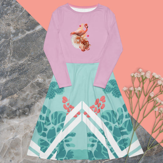 All-over print long sleeve midi dress