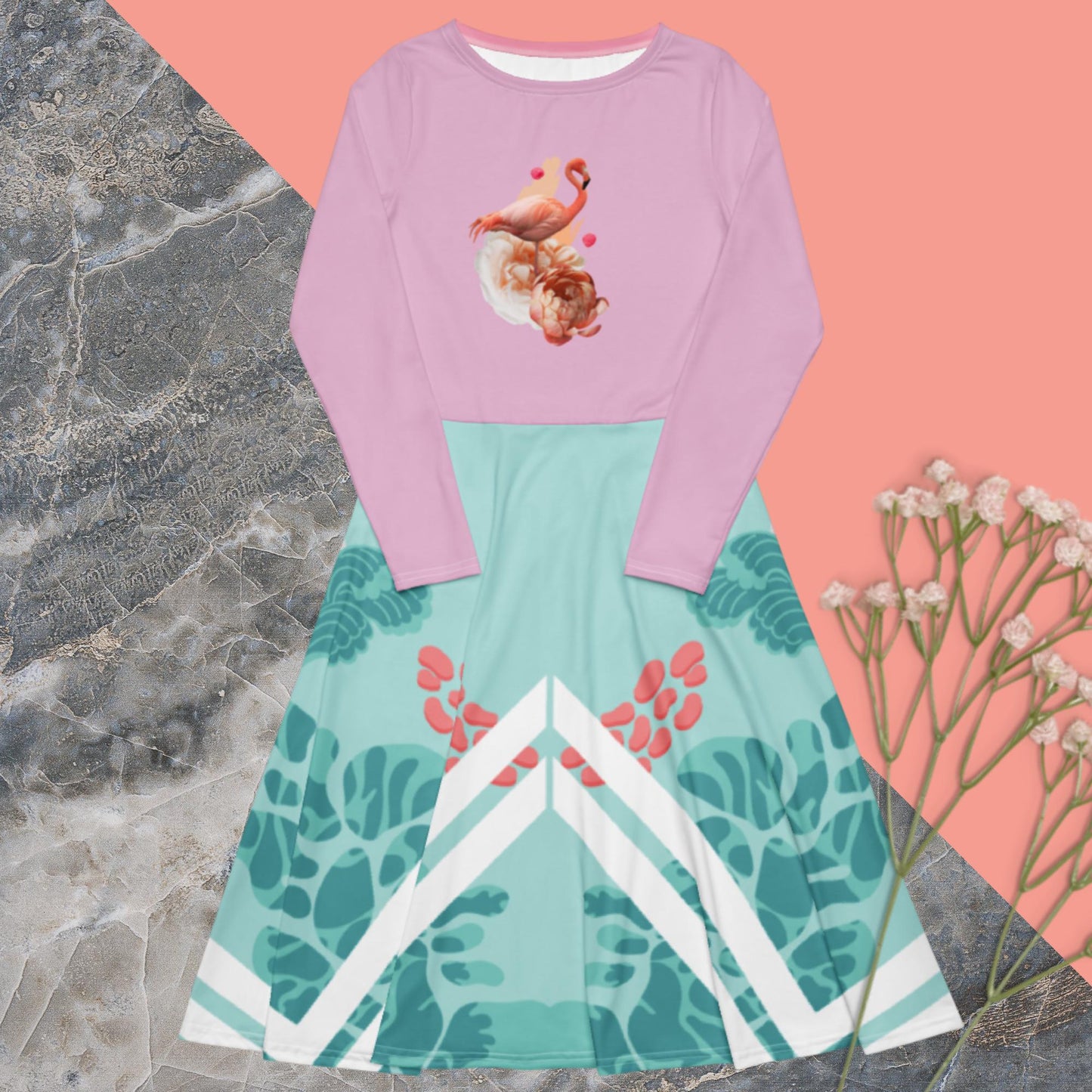 All-over print long sleeve midi dress